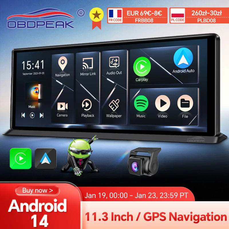 K60 Pro 11.3" 4G+64G WIFI Android 14 AI Screen GPS Navigation Carplay Android AUTO 1080P Dash Cam RearView Mirror Video Recorder