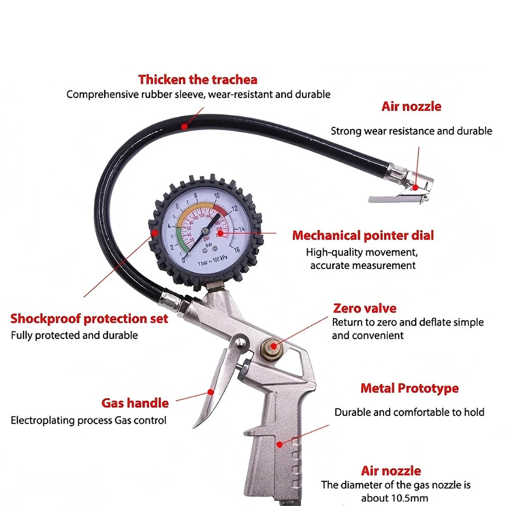 220PSI Car Motorcycle Multifunctional Tire Air Pressure Monitoring Gauge Tester Air Compressor Dial Meter Inflator Pump Tools