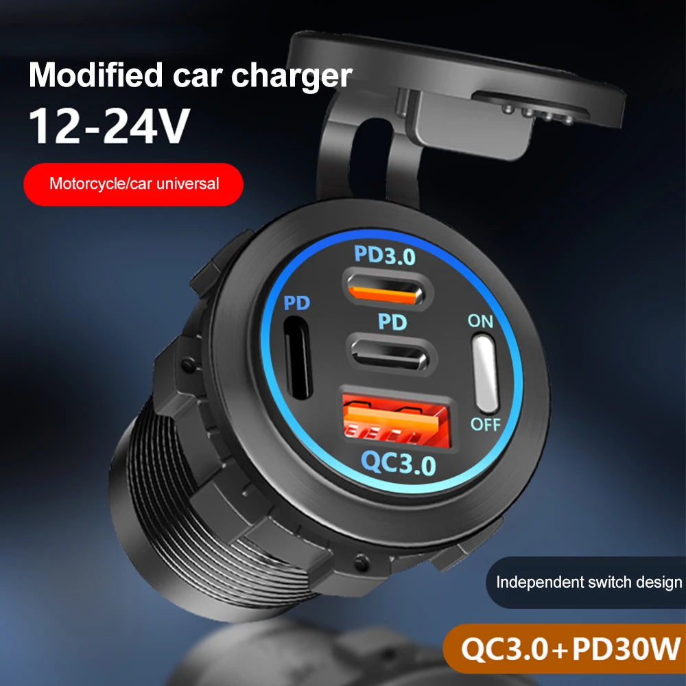 PD 3.0 QC 3.0 Car Charger Cigarette Lighter Socket Waterproof USB Fast Charge With Voltmeter Switch 12/24V Quick Charger Adapter