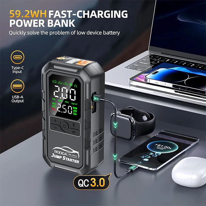 Multifunctional 2-in-1 Car Jump Starter with Air Compressor Tire Inflator Emergency Battery Booster Portable Power Bank