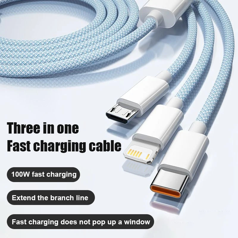 3IN1 100W 6A Car Fast Charging USB Cable For iPhone 14 13 12 11 15 17 16 Pro Max Samsung Xiaomi PD Cable Tablet Type C Data Cord