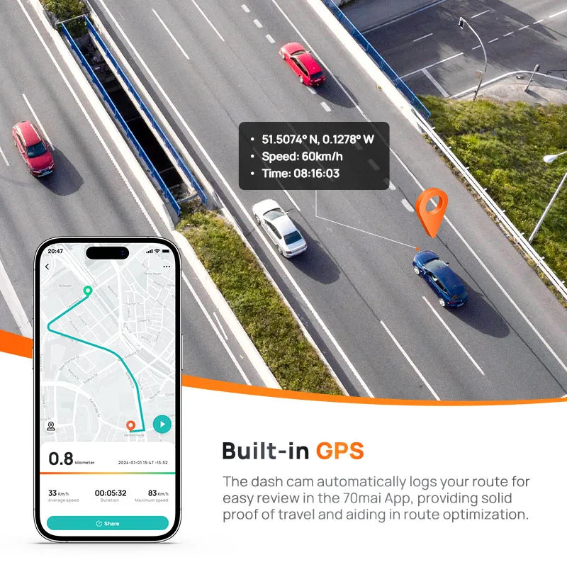 70mai Dash Cam A510 1944P HDR GPS ADAS 4G Connectivity 70mai 4G Front Cam A510 Car DVR 24H Parking Support Rear Cam