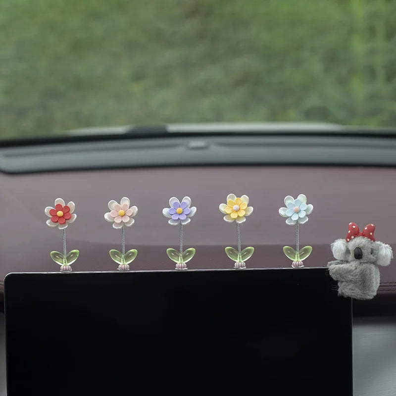 5Pcs/Set Swinging Flower Car Dashboard Center Console Cartoon Chrysanthemum Pendant Car Interior DIY Decoration Accessories