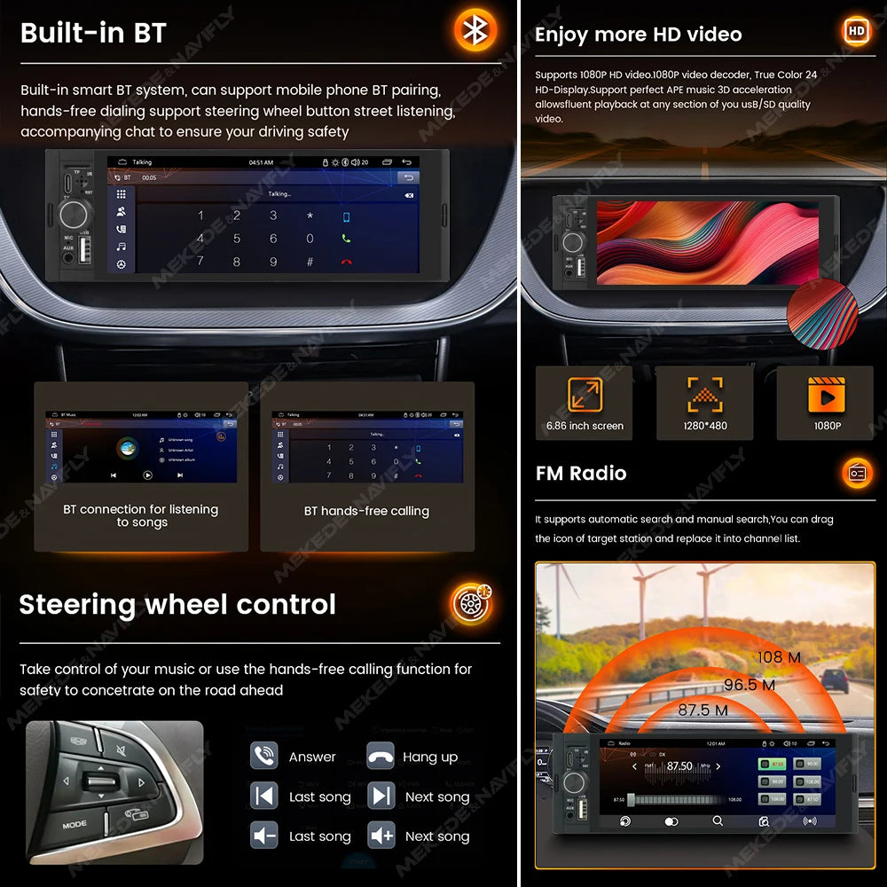 MEKEDE 1Din 6.86 Inch Carplay Android Auto Car Radio Universal Multimedia Player with BT FM Stereo USB Type-C Plug Cam Head Unit