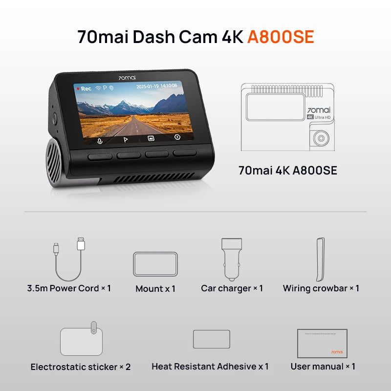 70mai 4K Dash Cam A800SE Upgraded Version of 70mai A800S Voice Control Supercapatior GPS ADAS Car DVR 70mai A800SE UHD Wifi 6