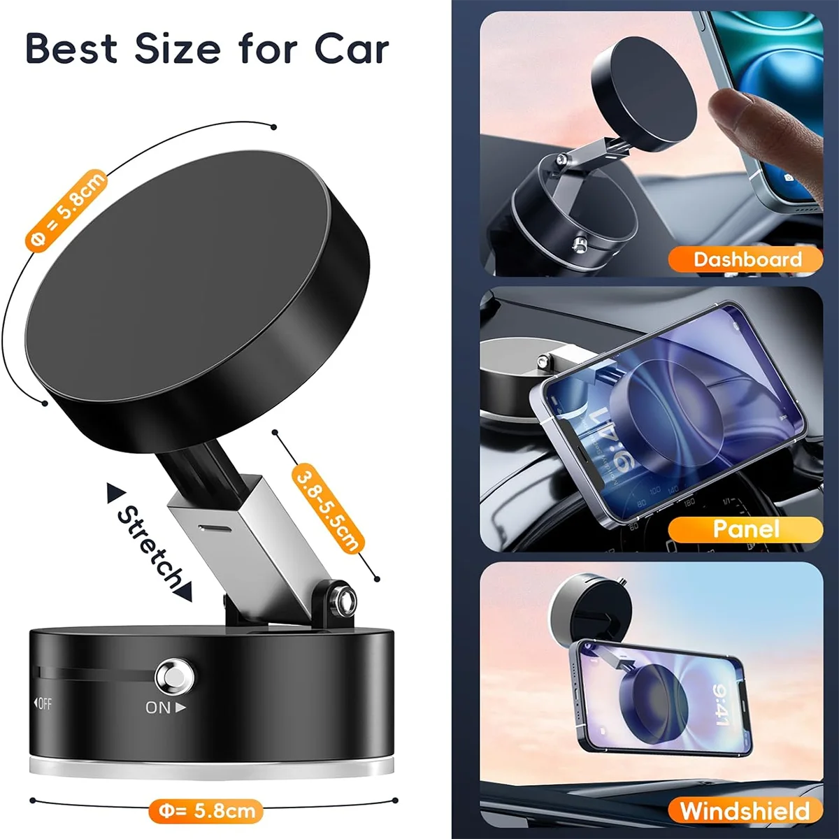 2025 New Model 360-Degree Rotating Aluminum Alloy Magnetic Vacuum Suction Cup Car Phone Holder, Portable New Design
