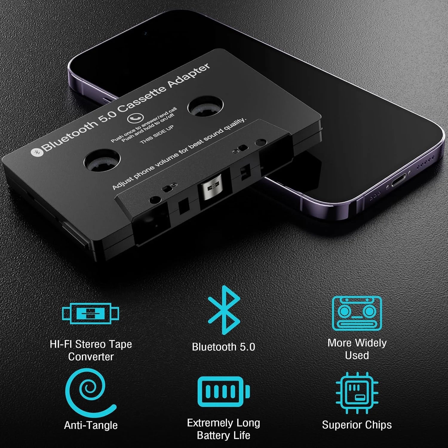 Car Bluetooth 5.0 Tape Cassette Audio Aux Adapter with Microphone 6H Music Time 168H Standby Smartphone Cassette Adapter