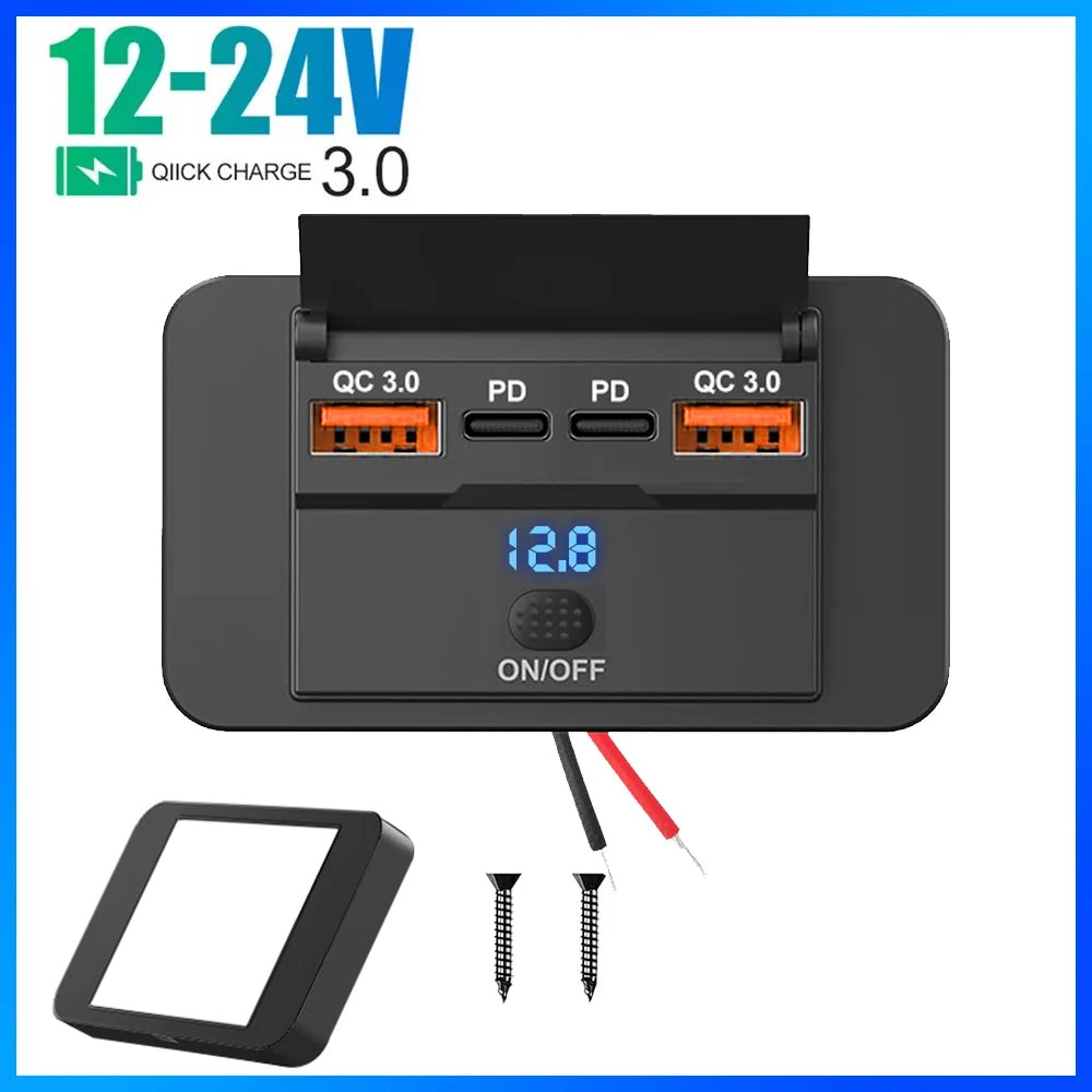12/24V Car USB Adapter Socket Panel Wall Mount Dual PD3.0 & Dual QC3.0 Fast Charging Outlet Waterproof Car Charger Accessories