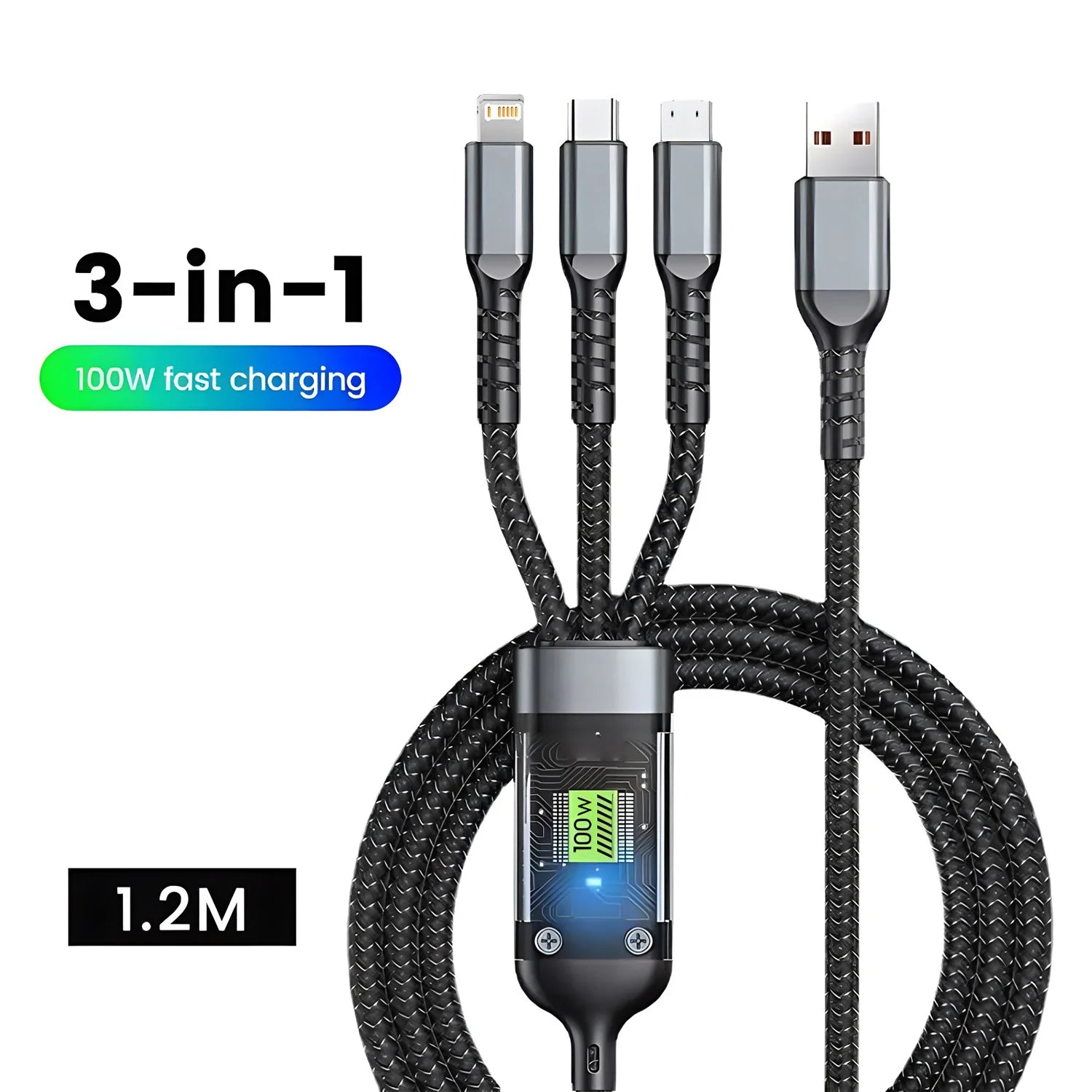 3-in-1 USB 100W 6A Fast Charger Cable Car USB To Type-C Micro LIGHTNING Cable For iPhone 16 15 14 13 Samsung Xiaomi Huawei