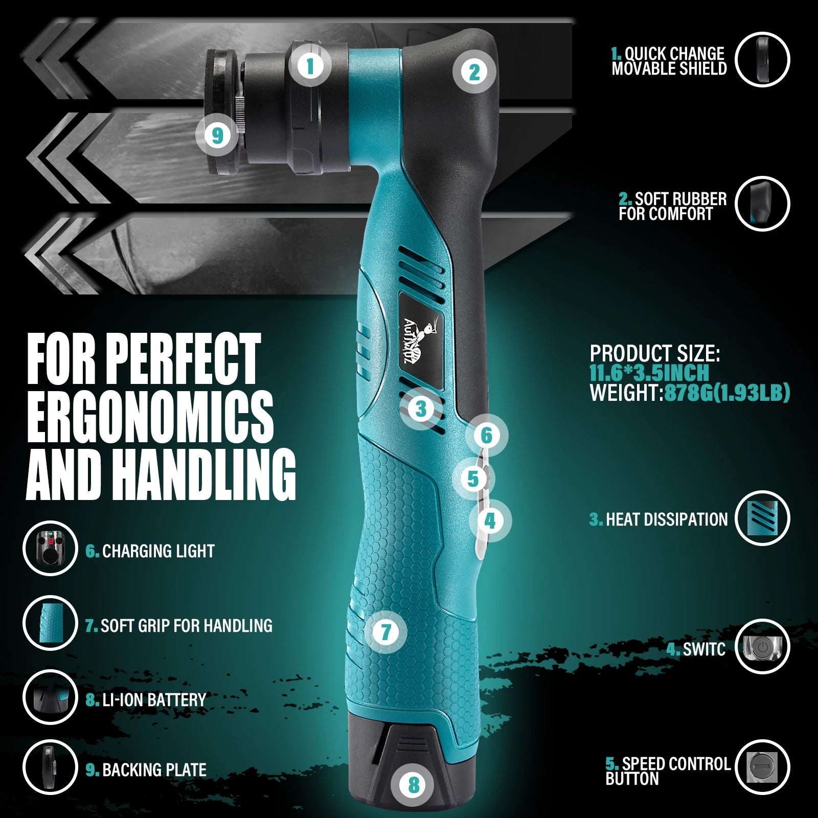 AUTIWOZ Cordless Mini Polisher 6-Speed Quick Change 1/3in 12mm & 3mm Dual Action Rotary 2.0Ah Battery Car Detailing Buffer