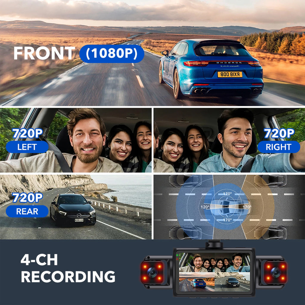 Car Dash Cam 4 Channel Black Box WiFi Driving Camera FHD 1080P Front Left Right Rear Night Vision Loop Recording add Hardwirekit