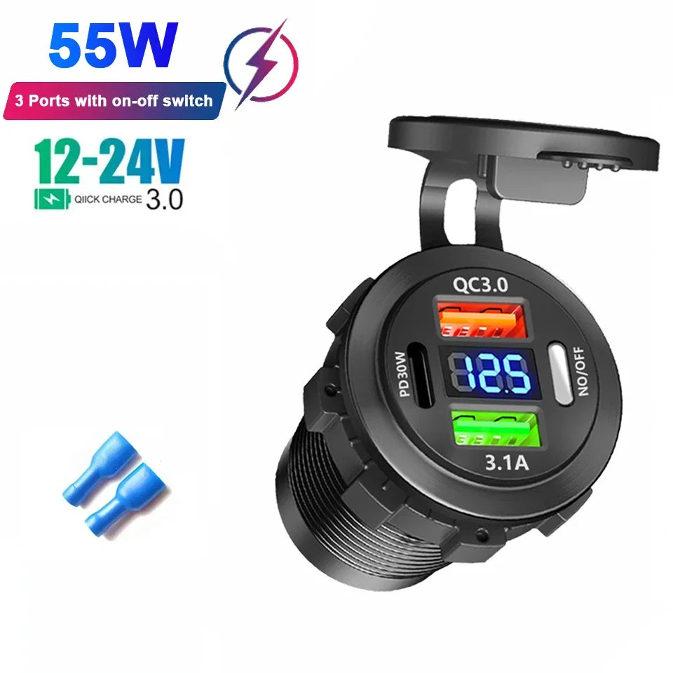 PD 3.0 QC 3.0 Car Charger Cigarette Lighter Socket Waterproof USB Fast Charge With Voltmeter Switch 12/24V Quick Charger Adapter
