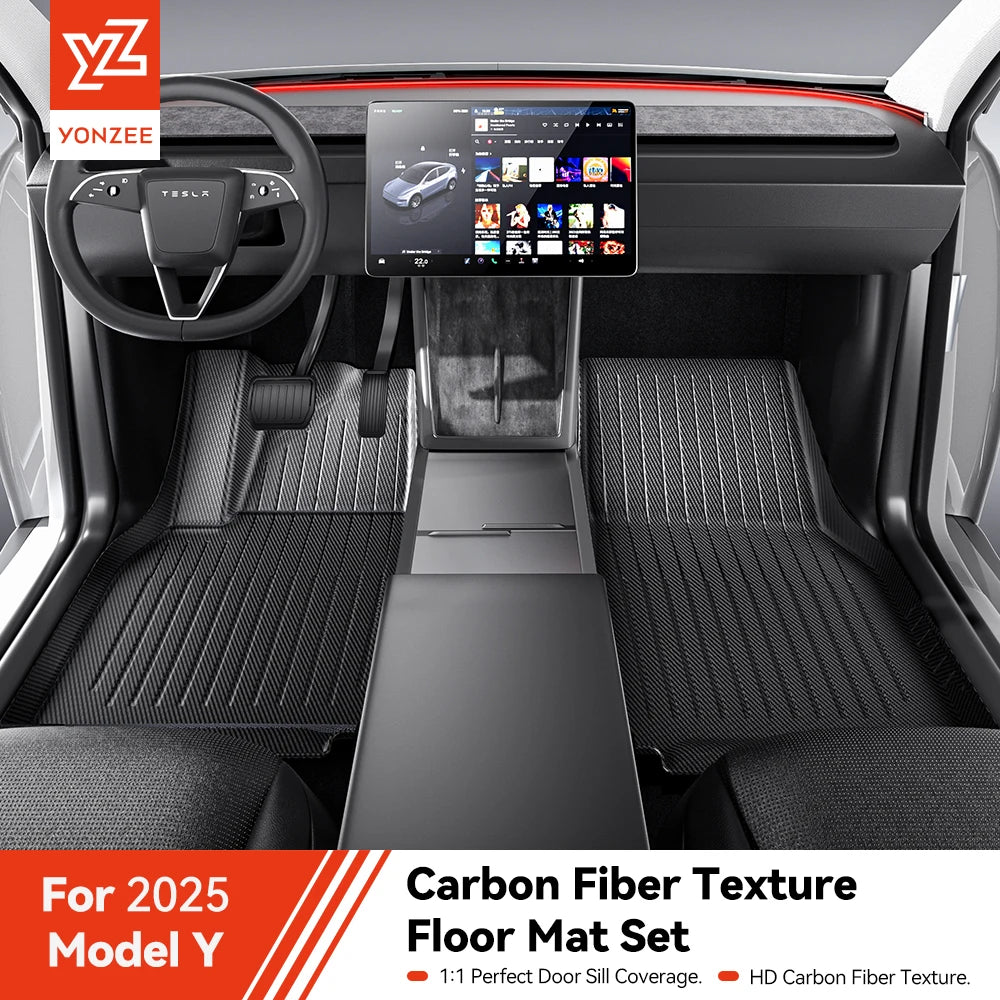 YZ For Tesla Model Y Juniper 2025 TPE Floor Mat Carbon fiber pattern Car waterproof Anti-Slip Trunk Floor Liner Backrest Mats
