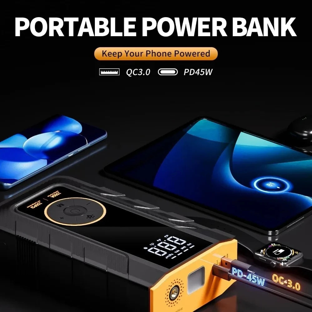 4-IN-1 Car Jump Starter with Air Compressor Peak 1500A Auto Battery Booster 150PSI Air Pump Portable Power Bank Tire Inflator