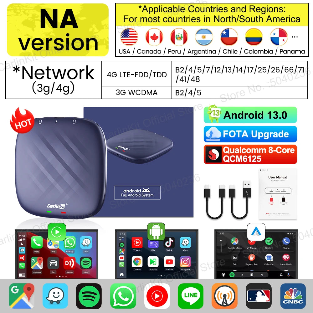 Android 13 CarlinKit Android Auto Wireless CarPlay AI TV Box QCM6125 8-Core Split Screen 64G 128G For Netflix YouTube Play Store