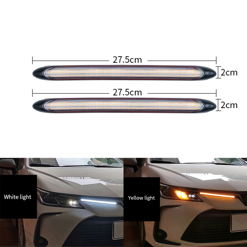 DRL Daytime Running Strip Car Headlight Decoration Turn Signal Light Strip Sequential Yellow Flow White Day Lamp Accessories 12V