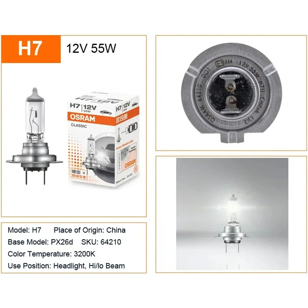 OSRAM CLASSIC 64210 H7 12V 55W PX26d Standard Hi/lo Beam Car Lamp 3200K White Halogen Light Car Headlight Bulb