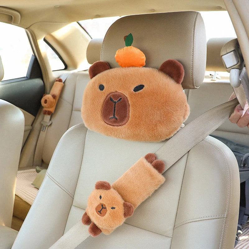 1PCar Headrest Neck Pillow Capybara Plush Shoulder Protection Cute Tissue Box Kawaii Car Decoration Of Car Supplies Plushie Gift