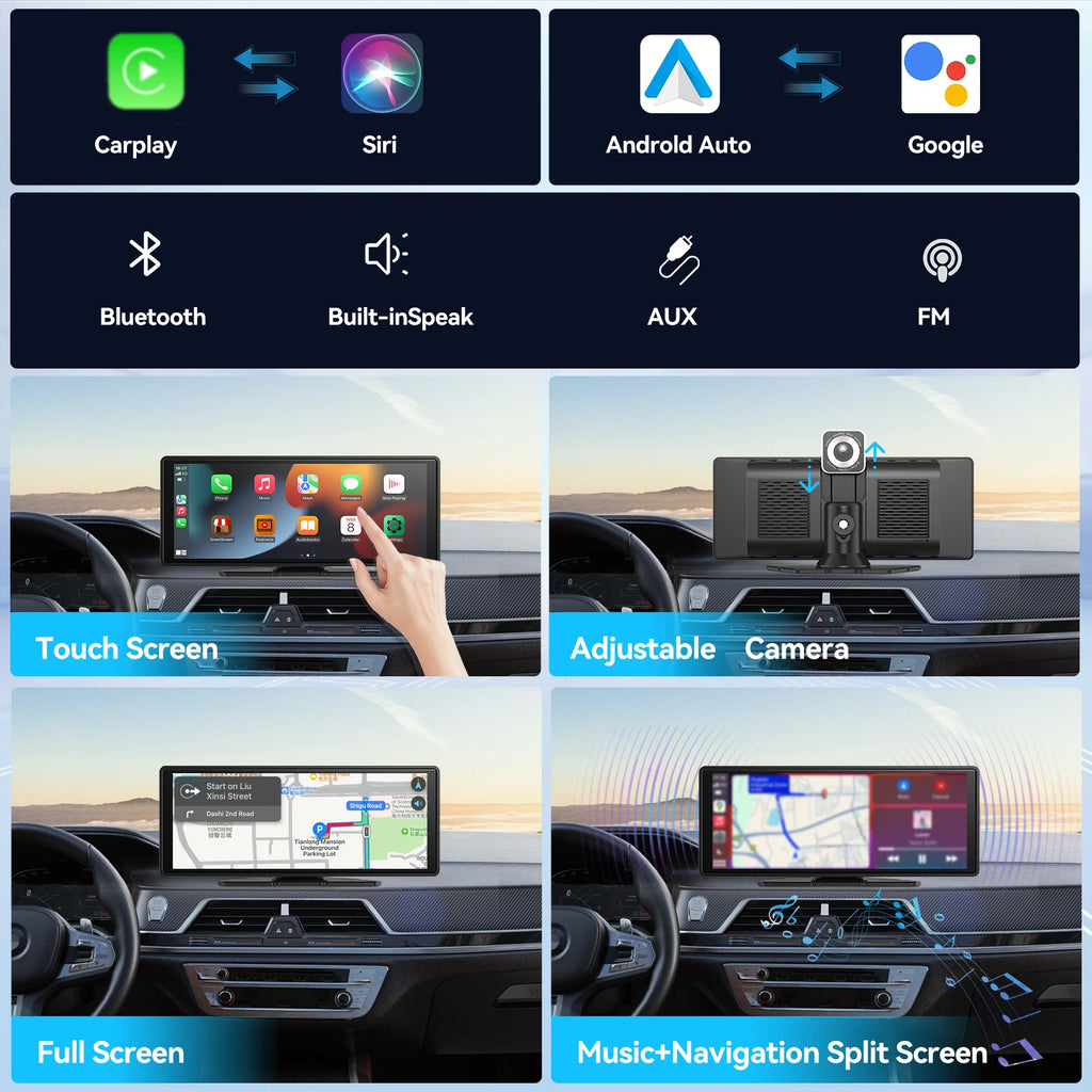 Universal Portable Wireless Carplay Screen for Car with Android Auto Touchscreen Car Stereo System