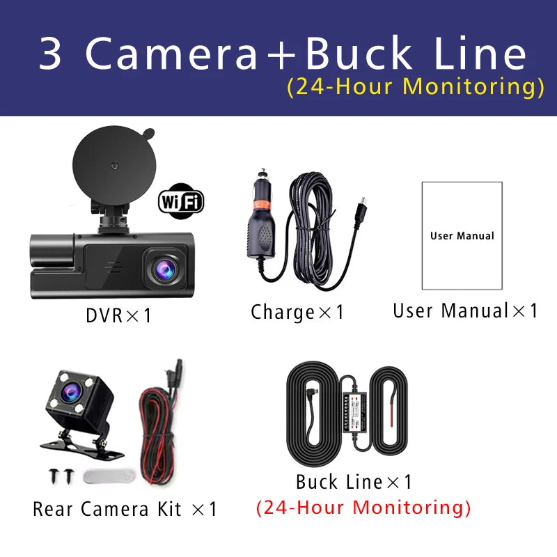 3 Cameras Car Dash Cam WiFi FHD 1080P Video Recorder 3 Channel Front Rear View Night Vision Black Box DVR for Vehicle Safety