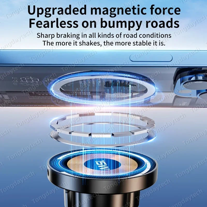 15W Car Magnetic Wireless Charger Holder 360 Rotation Metal Adjustable Angle in Car Stand For Iphone 15 14 13 12 Pro Max Samsung