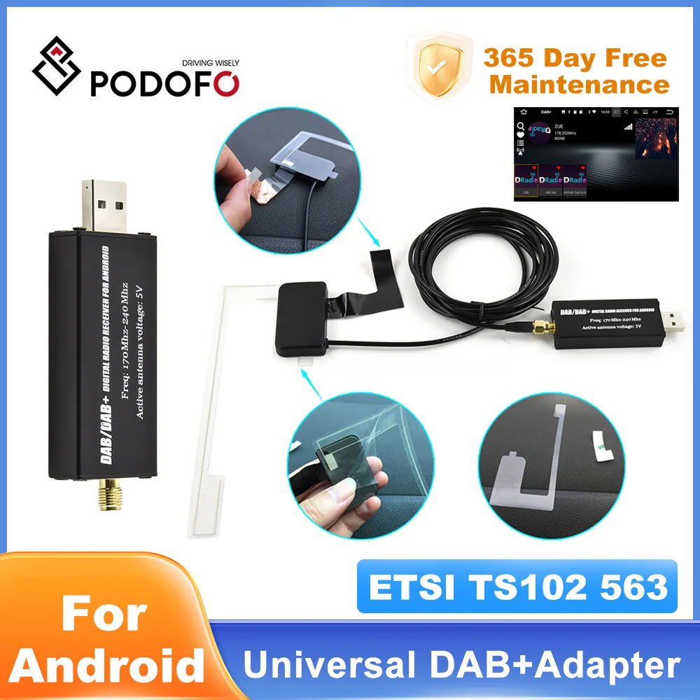 Podofo DAB Stereo Receiver In Car Antenna Digital DAB+ Adapter Tuner Box Audio USB Amplified Loop Antenna For Android Car Radio