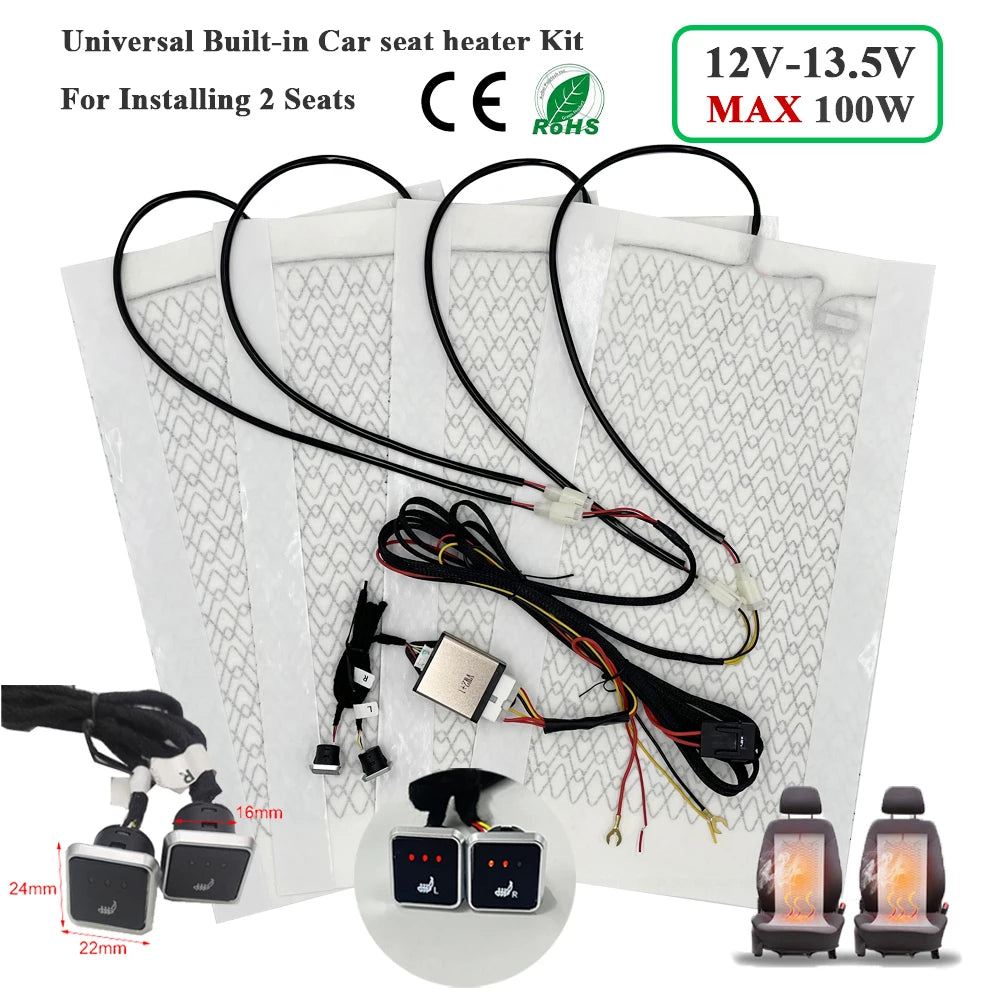 Universal Built-in Car Seat Heater Kit Fit 2 Seats 12V 100W Carbon Fiber Heating Pads with 3 Levels Control Switch System