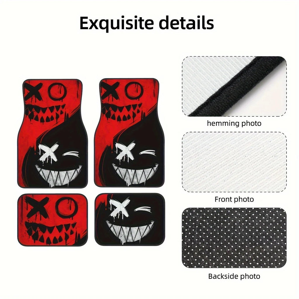 4pcs Cool Spooky Design Car Floor Mats, Vibrant Red with Black Accents,Durable, Non-Slip, Dirt-Resistant, Easy Clean,Helloween