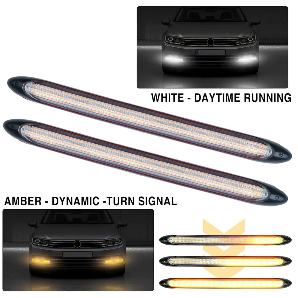 DRL Daytime Running Strip Car Headlight Decoration Turn Signal Light Strip Sequential Yellow Flow White Day Lamp Accessories 12V