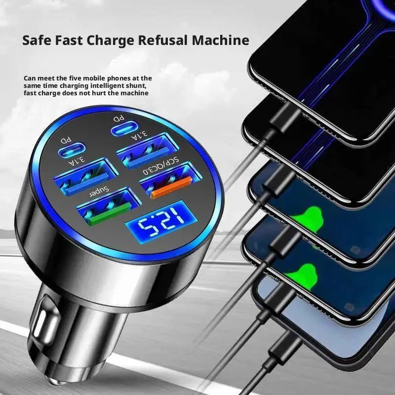 300W PD Car Charger QC3.1 Fast Charge 4USB+2PD ports Car Cigarette Lighter Plug Car Charger Flash Charge with Digital Display