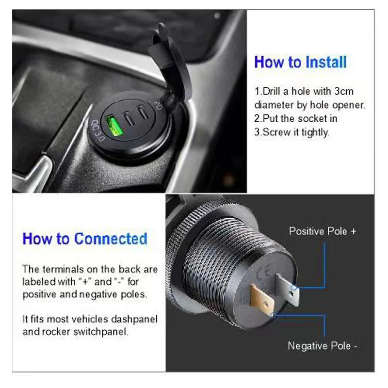 Type c usb steckdose 12v Universal PD type c usb port car fast charger socket qc3.0 power outlet adapter for Motorcycle Boat
