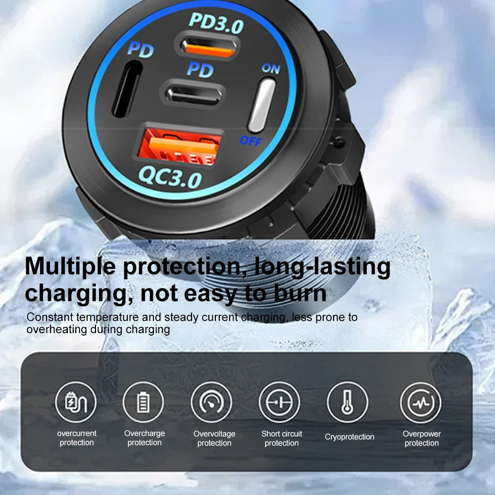 PD 3.0 QC 3.0 Car Charger Cigarette Lighter Socket Waterproof USB Fast Charge With Voltmeter Switch 12/24V Quick Charger Adapter
