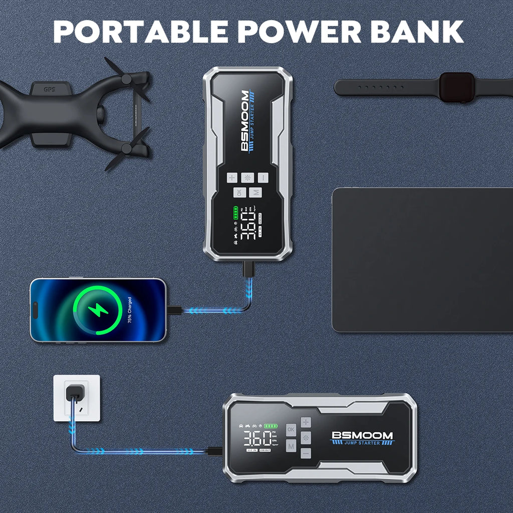 Car Jump Starter Pump Air Compressor Starting Device Booster 59.2Wh Power Bank 12V Digital Tire Inflator 150PSI