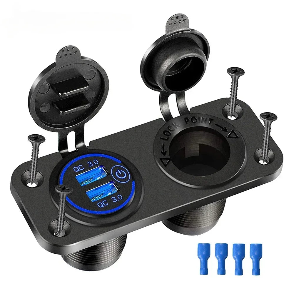 12V/24V Dual USB Socket Panel QC3.0 Car Charger Socket Adapter Outlet Cigarette Lighter Adapter for Car Boat RV Motorcycle