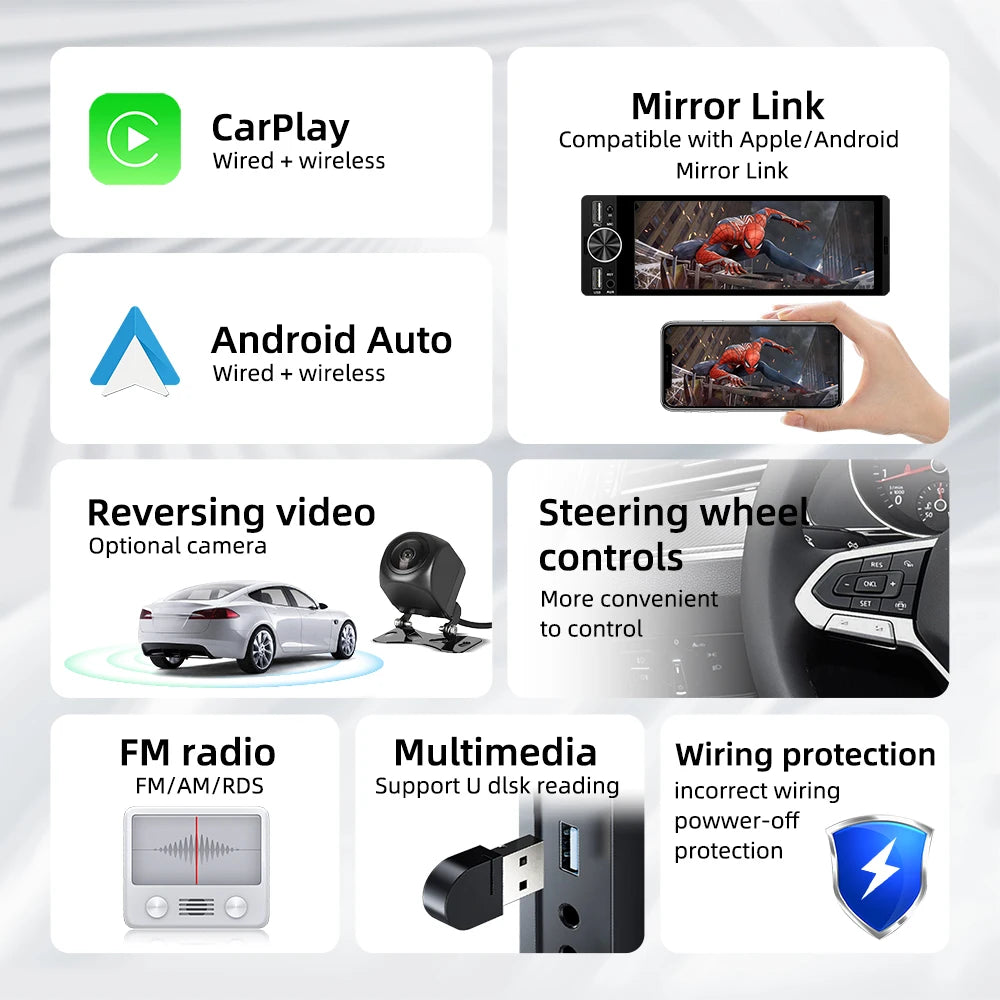 Car Radio Audio 1Din Universal 6.36 inch Car Multimedia Video Player IPS HD Screen USB/Type-C Charge Support BT FM USB AUX Cam