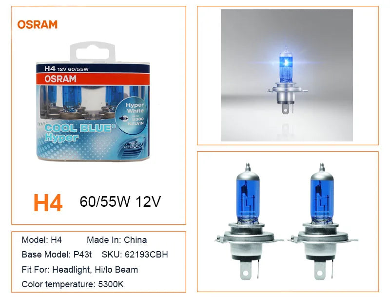 OSRAM  H7 H4 H1 H11 HB3 9005 HB4 9006 Halogen Headlight Car Light Hi/Lo Beam 5300K 12V 55W Cool Blue Hyper White Bulb(2 Pieces)