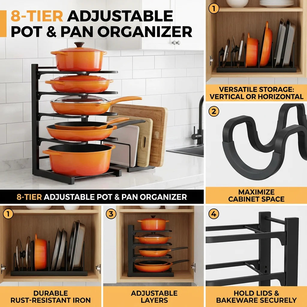 Space-Saving 8-Tier Pot Rack Organizer - Durable Metal Holder for Pans, Pots, and Lids to Keep Your Kitchen Neat and Tidy