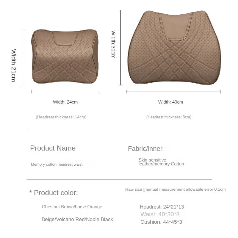 New Car Headrest Pillow Set Sewing Leather Auto Lumbar Waist Support Memory Foam Seat Neck Protective Cushion Accessories