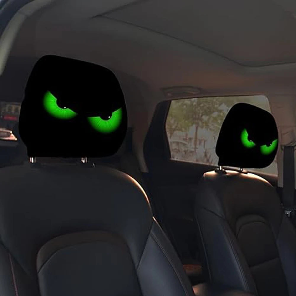 2PCS Funny Slanted Eyes Cartoon Print Car Headrest Cover for Halloween Christmas Holiday Automobile Interior Decoration