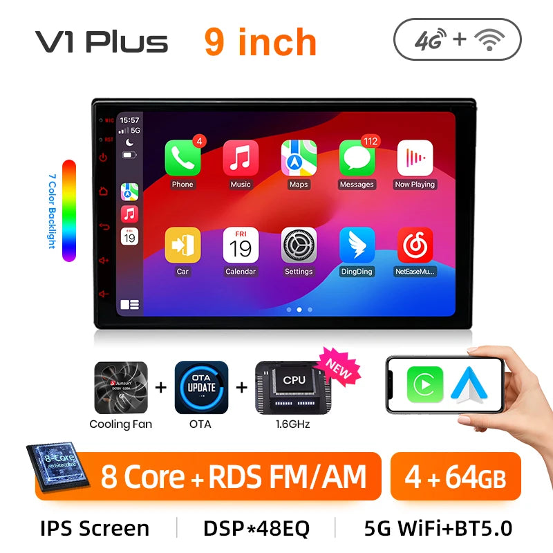 Junsun 7 9 10 inch Universal Car Radio Wireless CarPlay for Apple Android Auto 4G Car Intelligent Systems DSP IPS Touch Screen