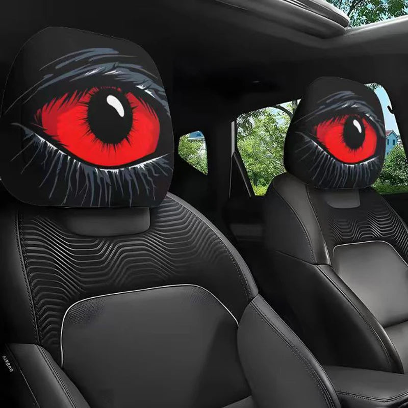 2PCS Funny Slanted Eyes Cartoon Print Car Headrest Cover for Halloween Christmas Holiday Automobile Interior Decoration