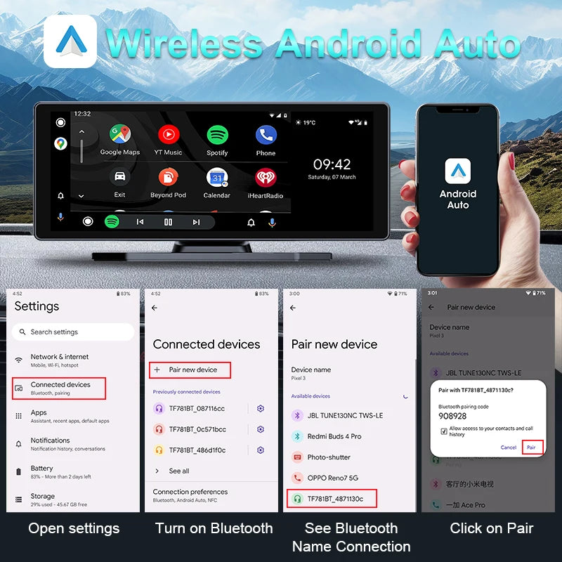 8.1 Inch Carplay & Android Auto 4K 2160P Wifi Dash Cam Rearview Camera Mirror Car DVR GPS Navigation Dual Lens Video Recorder