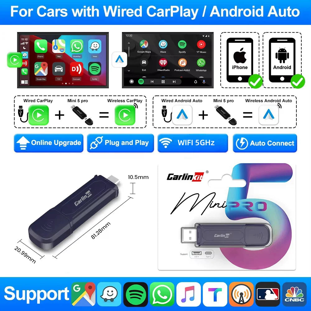 CarlinKit 5.0&Mini5 Pro Wireless CarPlay Android Auto Adapter 2 in 1 CP2A Plus Smart Dongle for Bluetooth 4.2 Spotify Map FOTA