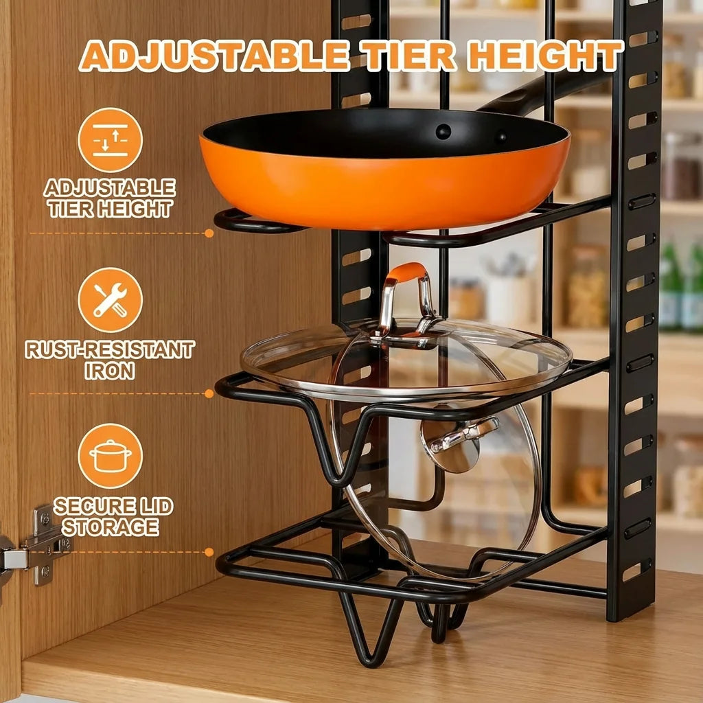 Space-Saving 8-Tier Pot Rack Organizer - Durable Metal Holder for Pans, Pots, and Lids to Keep Your Kitchen Neat and Tidy