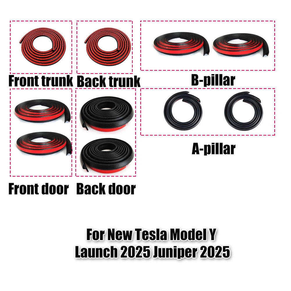 10pcs Door Seal Soundproof Kit For New Tesla Model Y Juniper 2025+ Launch 2025+ Rubber Weather Draft Seal Strip Wind Noise Kit