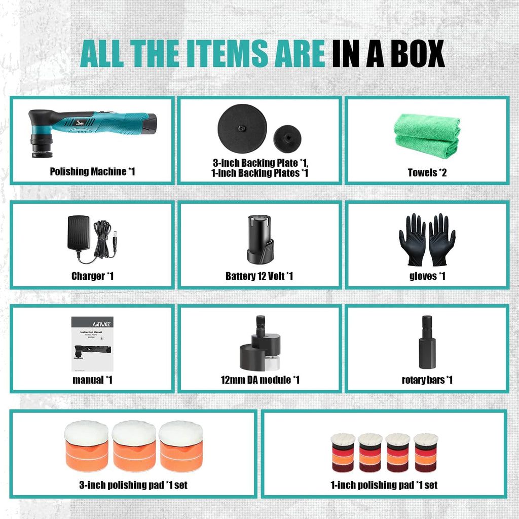 AUTIWOZ Cordless Mini Polisher 6-Speed Quick Change 1/3in 12mm & 3mm Dual Action Rotary 2.0Ah Battery Car Detailing Buffer