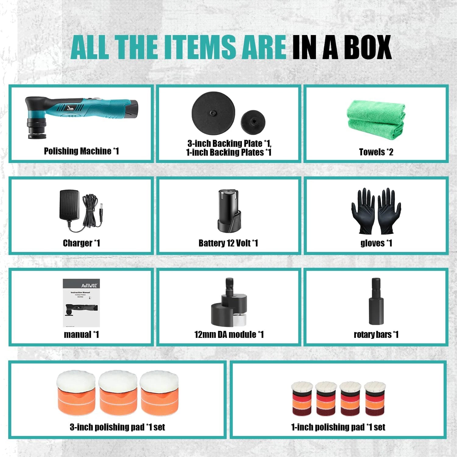 AUTIWOZ Cordless Mini Polisher 6-Speed Quick Change 1/3in 12mm & 3mm Dual Action Rotary 2.0Ah Battery Car Detailing Buffer