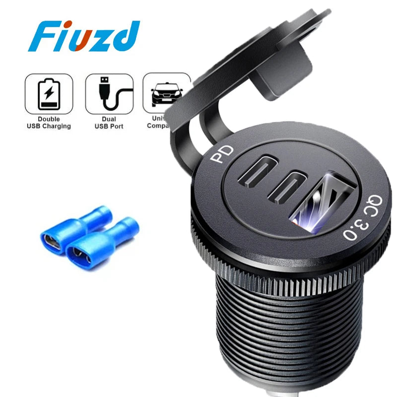 12v automotive usb socket USB C Car Charger Socket 12V/24V 3USB Socket PD3.0 and QC3.0 Car USB Port