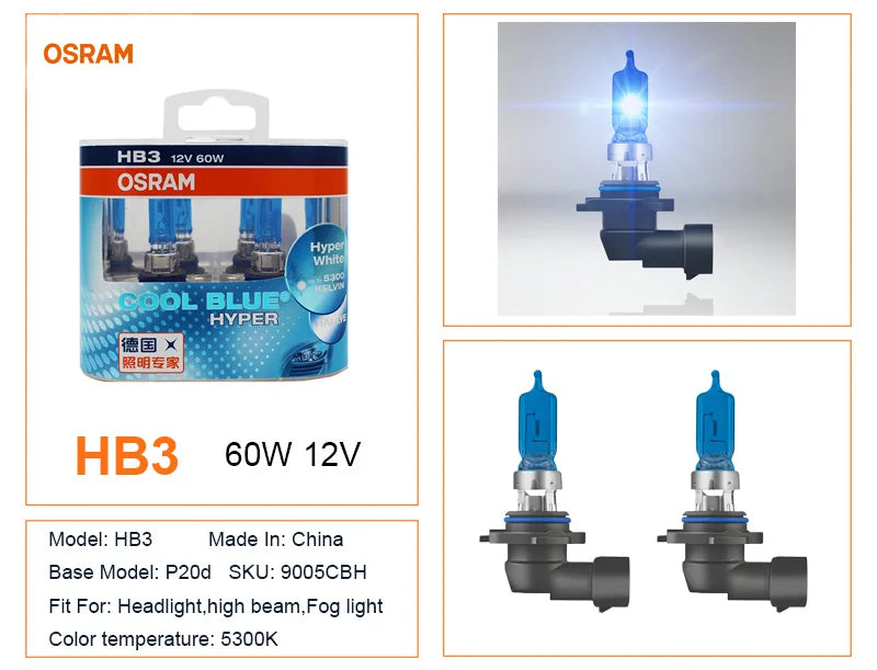OSRAM  H7 H4 H1 H11 HB3 9005 HB4 9006 Halogen Headlight Car Light Hi/Lo Beam 5300K 12V 55W Cool Blue Hyper White Bulb(2 Pieces)