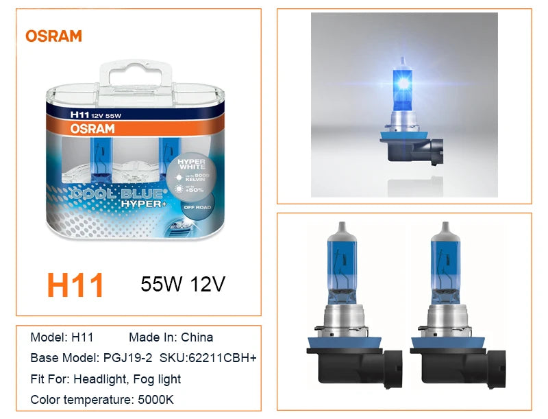 OSRAM  H7 H4 H1 H11 HB3 9005 HB4 9006 Halogen Headlight Car Light Hi/Lo Beam 5300K 12V 55W Cool Blue Hyper White Bulb(2 Pieces)
